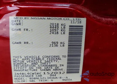 2019 Nissan Altima Sr из США, поврежденный, VIN 1N4BL4CW5KC152032